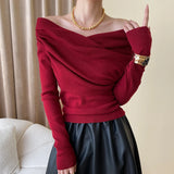 GETADME 2025 Women Autumn Off The Shoulder Blouses Stretch Sexy Long Sleeve Tops Pullovers Good Quality Women Fashion Tops
