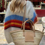 GETADME 2025 Autumn Winter Women Mohair Stripe Long Sleeve Cardigan Fashion Contrast Open Stitch Sweater High Street Female Outwear