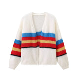 GETADME 2025 Autumn Winter Women Mohair Stripe Long Sleeve Cardigan Fashion Contrast Open Stitch Sweater High Street Female Outwear