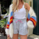 GETADME 2025 Autumn Winter Women Mohair Stripe Long Sleeve Cardigan Fashion Contrast Open Stitch Sweater High Street Female Outwear