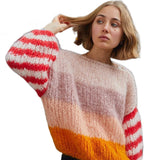 GETADME 2025 Autumn Winter Women Rainbow Sweaters Fashion Famale Pullover Round Neck Loose Hollow Out Sweater Casual knitted Jumper Tops