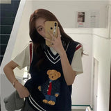 GETADME 2024 Autumn Winter Women's Vest Japanese Style Cartoon Bear Pullover Vest Sweater Oversize Harajuku Kawaii Clothes Knitted Vest
