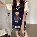 GETADME 2024 Autumn Winter Women's Vest Japanese Style Cartoon Bear Pullover Vest Sweater Oversize Harajuku Kawaii Clothes Knitted Vest