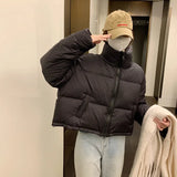 GETADME 2025 Autumn/winter New Women's Short Cotton Coat Stand Collar Thick Warm Knit Cotton Zipper Long Sleeve Pocket Outerwears