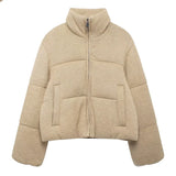 GETADME 2025 Autumn/winter New Women's Short Cotton Coat Stand Collar Thick Warm Knit Cotton Zipper Long Sleeve Pocket Outerwears