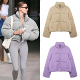 GETADME 2025 Autumn/winter New Women's Short Cotton Coat Stand Collar Thick Warm Knit Cotton Zipper Long Sleeve Pocket Outerwears