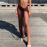 GETADME 2025 Beach Cover Up Sexy See Through Dress Knit Long Skirts Mesh Hollow Out Through Wrap White Midi Skirt Party Outfits