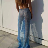 GETADME 2025 Beach Cover Up Sexy See Through Dress Knit Long Skirts Mesh Hollow Out Through Wrap White Midi Skirt Party Outfits