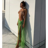 GETADME 2025 Beach Cover Up Sexy See Through Dress Knit Long Skirts Mesh Hollow Out Through Wrap White Midi Skirt Party Outfits