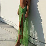 GETADME 2025 Beach Cover Up Sexy See Through Dress Knit Long Skirts Mesh Hollow Out Through Wrap White Midi Skirt Party Outfits