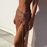 GETADME 2025 Beach Cover Up Sexy See Through Dress Knit Long Skirts Mesh Hollow Out Through Wrap White Midi Skirt Party Outfits