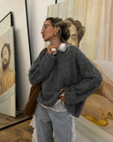 GETADME 2024 Casual Dark Grey Women's Mohair Pullover Sweater Fashion Loose Long Sleeve O Neck Knit Jumper Lady Versatile Chic Knitwear