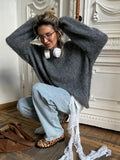 GETADME 2024 Casual Dark Grey Women's Mohair Pullover Sweater Fashion Loose Long Sleeve O Neck Knit Jumper Lady Versatile Chic Knitwear