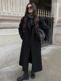 GETADME 2025 Chic Black Double-breasted Woolen Overcoat With Belt Women Fashion Lapel Collar Long Sleeve Coat Fall Lady New Streetwear ﻿
