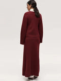 GETADME 2024 시크 버건디 하이웨이스트 니트 스커트 세트 여성 우아한 V넥 버튼 다운 카디건 슈트 가을 여성 출퇴근 복장