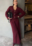 GETADME 2024 시크 버건디 하이웨이스트 니트 스커트 세트 여성 우아한 V넥 버튼 다운 카디건 슈트 가을 여성 출퇴근 복장