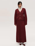 GETADME 2024 시크 버건디 하이웨이스트 니트 스커트 세트 여성 우아한 V넥 버튼 다운 카디건 슈트 가을 여성 출퇴근 복장
