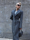 GETADME 2025 Chic Grey Single Breasted Full Sleeve Wool Jackets Women's Casual Slim Fit Lapel Pockets Coat Female High Street Outerwears