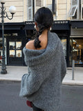 GETADME 2024 Elegant Grey Off Shoulder Women's Loose Sweater Fashion Autumn Casual Long Sleeves Knitted Pullover Lady Chic Street Jumper