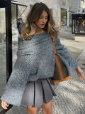 GETADME 2024 Elegant Grey Off Shoulder Women's Loose Sweater Fashion Autumn Casual Long Sleeves Knitted Pullover Lady Chic Street Jumper