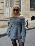 GETADME 2024 Elegant Grey Off Shoulder Women's Loose Sweater Fashion Autumn Casual Long Sleeves Knitted Pullover Lady Chic Street Jumper