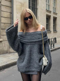 GETADME 2024 Elegant Grey Off Shoulder Women's Loose Sweater Fashion Autumn Casual Long Sleeves Knitted Pullover Lady Chic Street Jumper