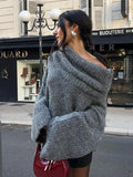 GETADME 2024 Elegant Grey Off Shoulder Women's Loose Sweater Fashion Autumn Casual Long Sleeves Knitted Pullover Lady Chic Street Jumper