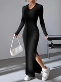 GETADME 2024 Europe And The United States Autumn And Winter New Knitted Slim-Fit Lapel Long Sleeve Pit Strip Solid Color Tight Dress