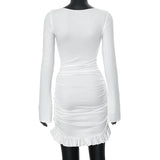 GETADME 2024 Fall White Round Neck Long Sleeve Slim Fit Dress Hip Pleated Twist Short Women Dresses Casaul Pullover Autumn Wear