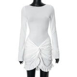 GETADME 2024 Fall White Round Neck Long Sleeve Slim Fit Dress Hip Pleated Twist Short Women Dresses Casaul Pullover Autumn Wear