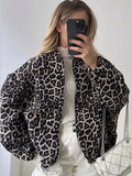 GETADME 2024 Fashion Leopard Zipper Long Sleeved Women's Jacket Retro Round Neck Street Casual Outerwears New Female Autumn Commute Coat