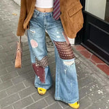 GETADME 2025 Grunge Y2K Streetwear Patchwork Baggy Ripped Stacked Jeans Pants For Women Clothing Wide Leg Punk Style Lady Denim Trousers