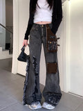 GETADME 2024 Hosen Y2K Fashion Rivet Patchwork Ripped Flare Jeans Pants For Women Designer Clothes Punk Goth Lady Trousers Ropa De Mujer