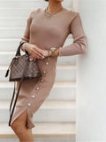 GETADME 2025 New Autumn Winter Knitted Dress Long-sleeved Round Neck Slit Button Dress Fashion Sexy Tight Temperament Knitted Dress