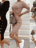 GETADME 2025 New Autumn Winter Knitted Dress Long-sleeved Round Neck Slit Button Dress Fashion Sexy Tight Temperament Knitted Dress