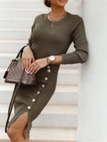 GETADME 2025 New Autumn Winter Knitted Dress Long-sleeved Round Neck Slit Button Dress Fashion Sexy Tight Temperament Knitted Dress