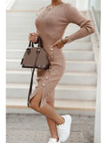 GETADME 2025 New Autumn Winter Knitted Dress Long-sleeved Round Neck Slit Button Dress Fashion Sexy Tight Temperament Knitted Dress