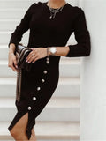 GETADME 2025 New Autumn Winter Knitted Dress Long-sleeved Round Neck Slit Button Dress Fashion Sexy Tight Temperament Knitted Dress