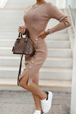 GETADME 2025 New Autumn Winter Knitted Dress Long-sleeved Round Neck Slit Button Dress Fashion Sexy Tight Temperament Knitted Dress