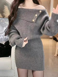 GETADME 2025 New Autumn/Winter Women's Knitted Dress Black Grey Mini Fashion Off Shoulder Bag Hip Sweater Dress A118