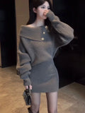 GETADME 2025 New Autumn/Winter Women's Knitted Dress Black Grey Mini Fashion Off Shoulder Bag Hip Sweater Dress A118