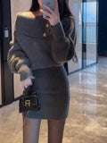 GETADME 2025 New Autumn/Winter Women's Knitted Dress Black Grey Mini Fashion Off Shoulder Bag Hip Sweater Dress A118