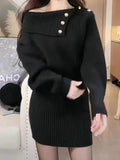 GETADME 2025 New Autumn/Winter Women's Knitted Dress Black Grey Mini Fashion Off Shoulder Bag Hip Sweater Dress A118