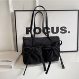 GETADME 2025 New Korean Bow Nylon Shoulder Bag Fashionable and Sweet Design Tote Bag Folded Large Capacity Commuter Women's Handbag