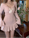GETADME 2025 New Pink Sweet Slim Y2k Mini Dress Woman French Elegant Flare Sleeve Dress Party Casual One Piece Dress Korean Fashion