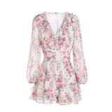 GETADME 2025 New Spring Summer Sweet Printing V-neck Long Sleeve Floral Dress Femme Cute Ruffles Chiffon Mini Dress Women Clothing Slim