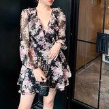 GETADME 2025 New Spring Summer Sweet Printing V-neck Long Sleeve Floral Dress Femme Cute Ruffles Chiffon Mini Dress Women Clothing Slim