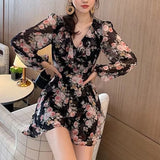 GETADME 2025 New Spring Summer Sweet Printing V-neck Long Sleeve Floral Dress Femme Cute Ruffles Chiffon Mini Dress Women Clothing Slim