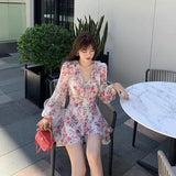 GETADME 2025 New Spring Summer Sweet Printing V-neck Long Sleeve Floral Dress Femme Cute Ruffles Chiffon Mini Dress Women Clothing Slim
