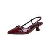 GETADME 2024 New Summer French Wine Red Pointed Patent Leather Mid-heel Overhead Sandals for Women Retro Skinny Heel Back Empty Shoes